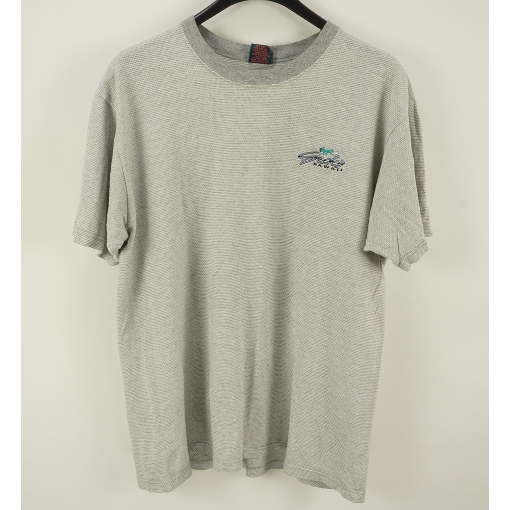 Vintage 80s 90s Gecko Hawaii USA Men's XL Short Sleeve Gray Knit Logo Crew Shirt